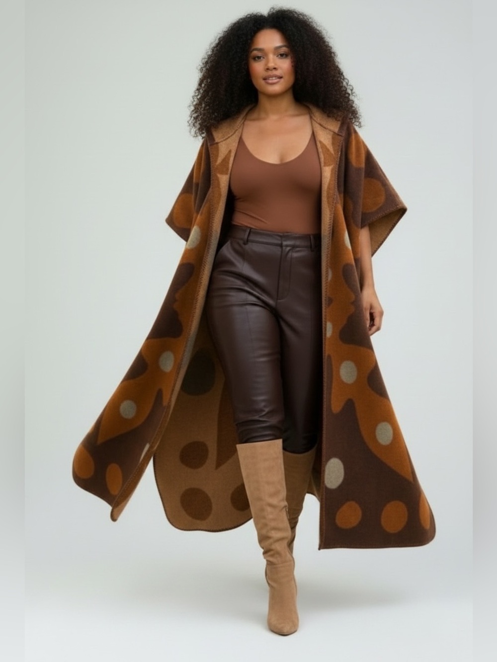 NWOT Long Hooded Polka-Dot Wool Blend Coat in Brown